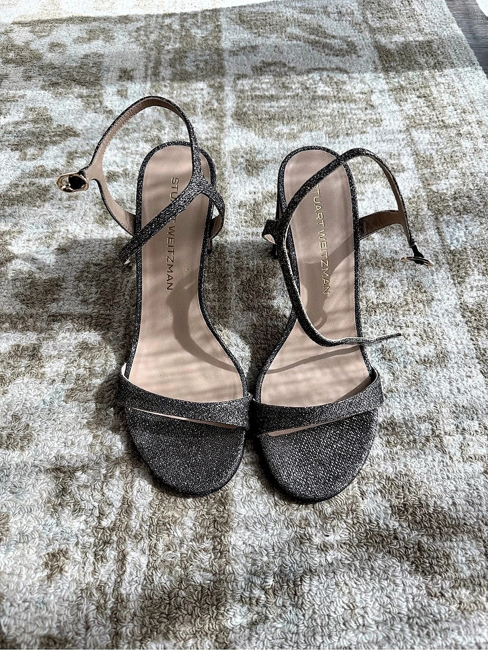Stuart Weitzman Strappy Glitter Heels in Black Sparkle